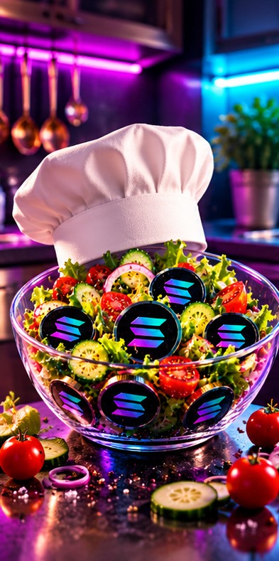 Solad salad bowl wearing a chef hat in a neon kitchen