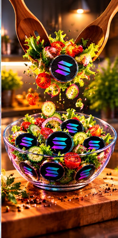 Solad salad being tossed with wooden spoons