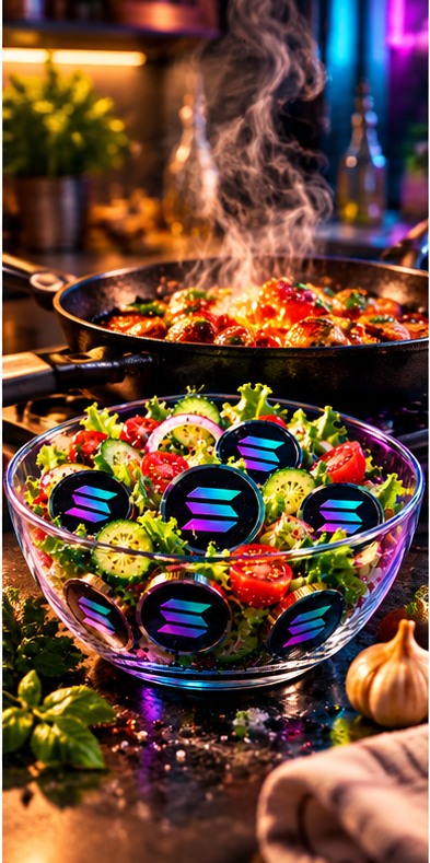 Solad salad bowl beside a sizzling pan