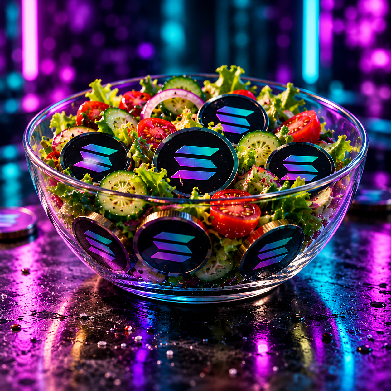 A glass bowl of fresh salad filled with Solana coins